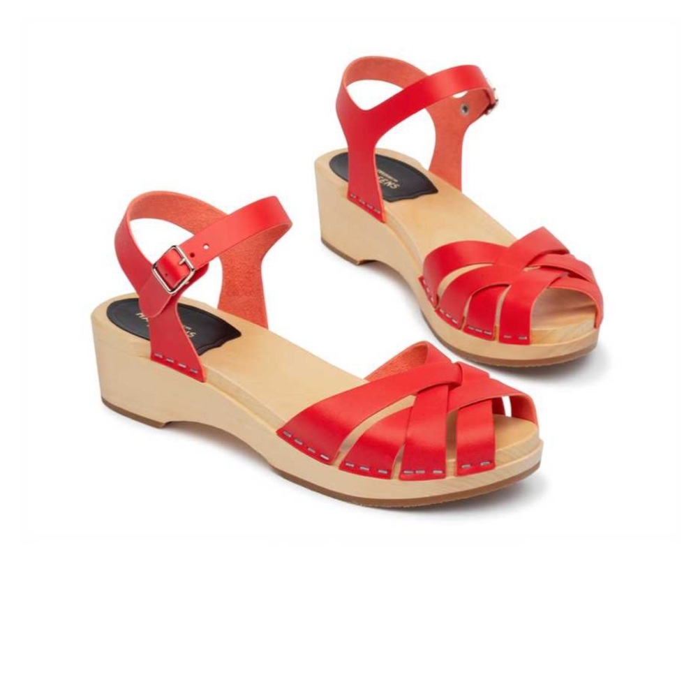 Swedish Hasbeens Red Leather Ankle-Strap Clog Sandals, size 41